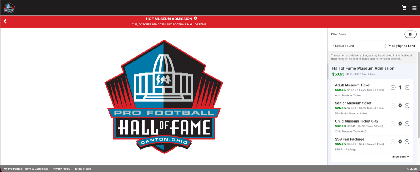 The desktop ticket list. A large static Hall of Fame crest fills the left two-thirds of the screen while all four ticket types are compressed into a narrow right rail.