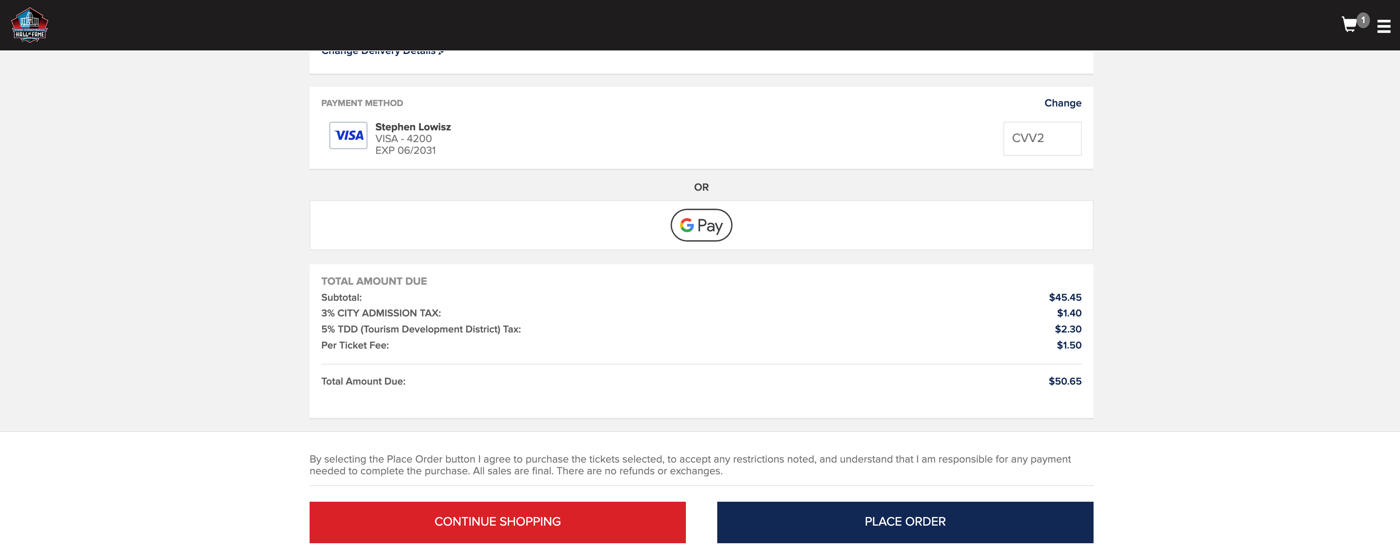 The desktop cart: a Google Pay button, a fee breakdown totalling $50.65, final-sale legal text, and a red CONTINUE SHOPPING button to the left of a navy PLACE ORDER button.