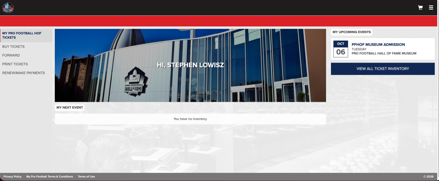 The account page after purchase. A panel headed MY NEXT EVENT reads You have no inventory, while a panel on the right headed MY UPCOMING EVENTS lists OCT 06 PFHOF MUSEUM ADMISSION.