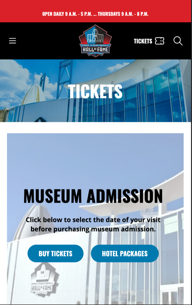 PFHOF tickets splash on mobile: a full-screen hero, then a Museum Admission card with two identical outline buttons and no prices.