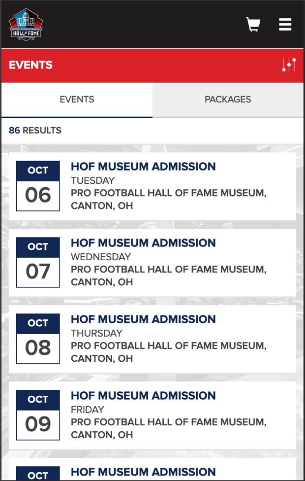 The tickets.com schedule listing 86 identical HOF Museum Admission rows, one per date, with no prices and no calendar.
