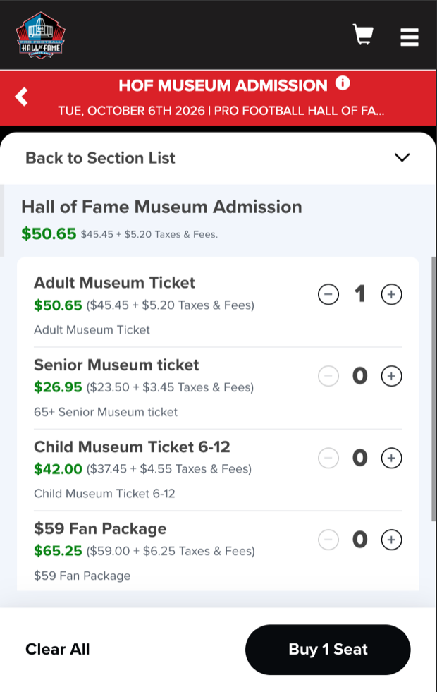 The expanded ticket list revealing Adult $50.65, Senior $26.95, Child 6-12 $42.00 and $59 Fan Package at $65.25, with a Buy 1 Seat button.
