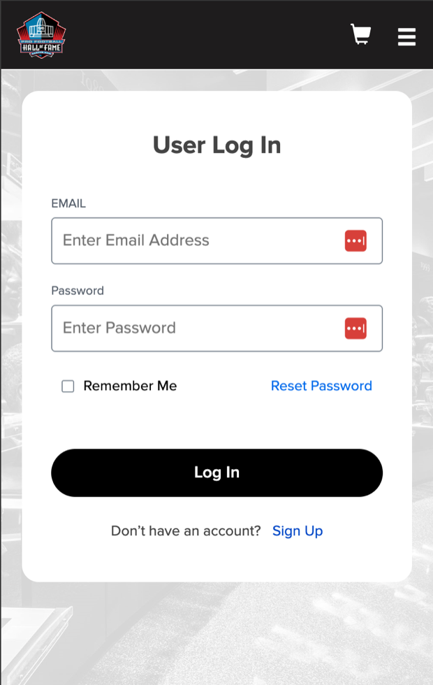 A full-screen login form headed User Log In with email and password fields, a black Log In button, and a small Sign Up text link.