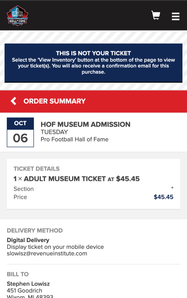 The confirmation screen opening with a navy alert reading THIS IS NOT YOUR TICKET, above a red header reading ORDER SUMMARY.